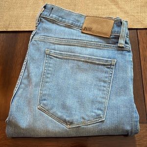Paige “Federal” cut. 31” waist. 32” length light blue wash
